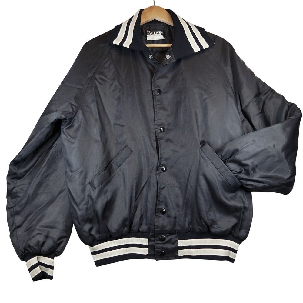 Vintage 80's Butwin Honeywell Satin Varsity Jacket Mens L Black Bomber USA Made